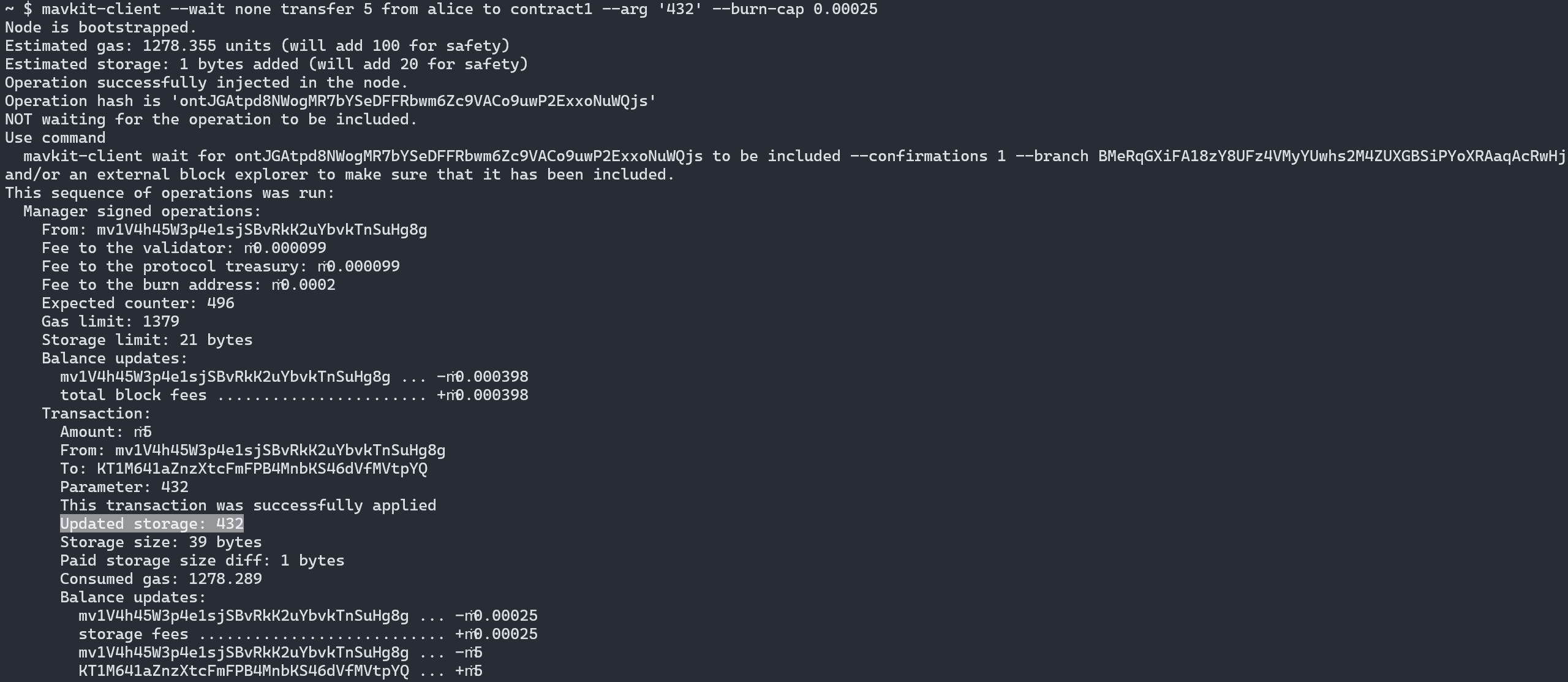 Mavryk CLI, output of deploying a smart contract