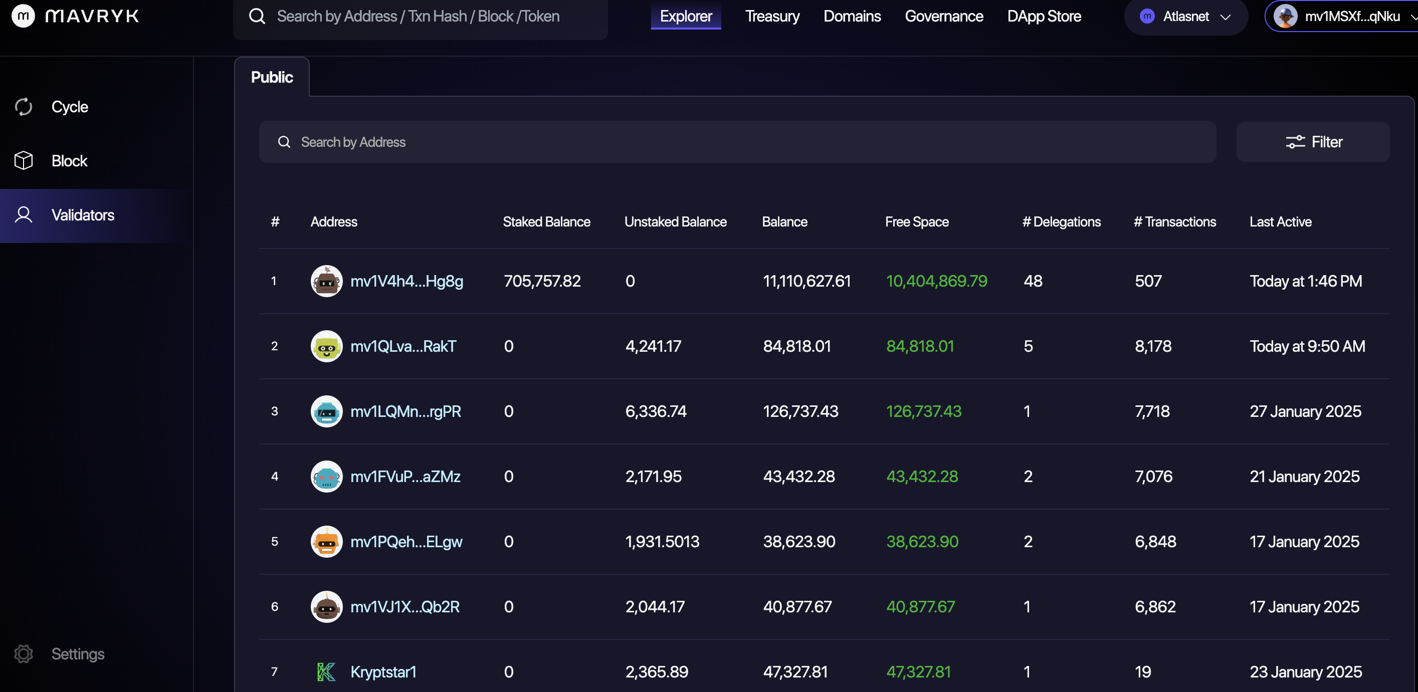 Mavryk Explorer webpage shows a list of public validators